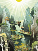A scenic jigsaw puzzle titled 'Country Prayer' by New York Puzzle Company, featuring a vibrant landscape with mountains, a river, and people interacting in nature. The sun shines brightly above, casting light on a peaceful village nestled among the hills, showcasing intricate details and lively colors that evoke tranquility and community.