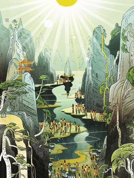 A scenic jigsaw puzzle titled 'Country Prayer' by New York Puzzle Company, featuring a vibrant landscape with mountains, a river, and people interacting in nature. The sun shines brightly above, casting light on a peaceful village nestled among the hills, showcasing intricate details and lively colors that evoke tranquility and community.