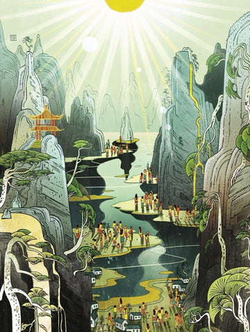 A scenic jigsaw puzzle titled 'Country Prayer' by New York Puzzle Company, featuring a vibrant landscape with mountains, a river, and people interacting in nature. The sun shines brightly above, casting light on a peaceful village nestled among the hills, showcasing intricate details and lively colors that evoke tranquility and community.