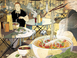 A jigsaw puzzle design featuring an illustrated scene of a bustling noodle shop, with a man sitting at a table enjoying a bowl of pho. Surrounding him are various bowls of ingredients like fresh herbs and sauces, and other diners in the background. The vibrant colors create a lively atmosphere, inviting viewers into the cultural experience.