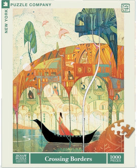 Jigsaw puzzle titled 'Crossing Borders' by New York Puzzle Company, featuring a vibrant illustration of a woman in a red dress on a black boat surrounded by colorful, whimsical buildings and lush greenery. The puzzle contains 1000 pieces and showcases intricate details and artistry.
