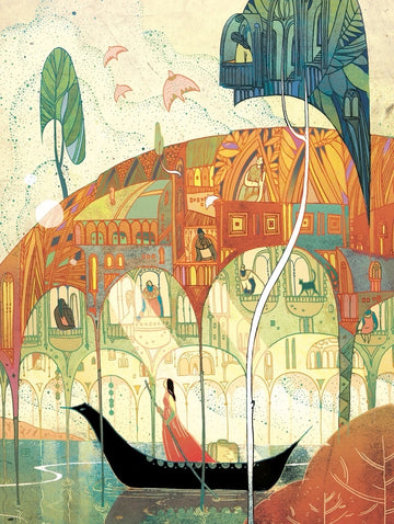 A vibrant and colorful jigsaw puzzle titled 'Crossing Borders' by New York Puzzle Company. The illustration features a scenic boat on a serene waterway, surrounded by ornate architecture and lush trees. People can be seen in various settings along the buildings, all intricately designed with rich colors and patterns, creating a whimsical atmosphere that invites exploration.
