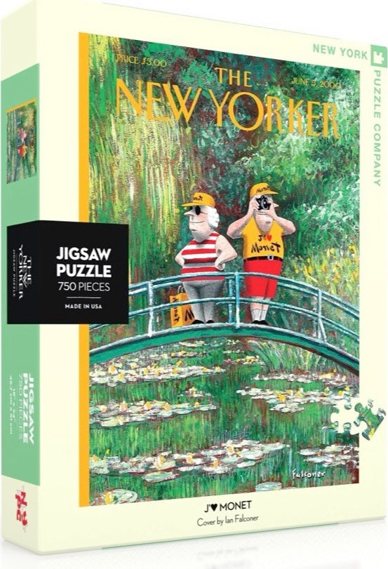 J'aime Monet Puzzle (750 pieces) by New York Puzzle Company featuring a whimsical illustration inspired by Monet's famous paintings. The box depicts two characters on a bridge over a water lily pond, capturing vibrant colors and artistic charm. Ideal for art lovers and puzzle enthusiasts.