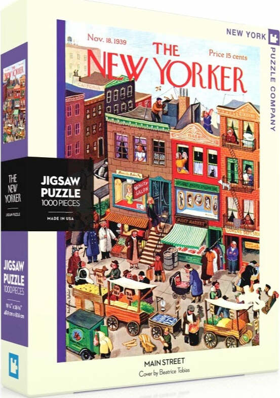 Main Street Jigsaw Puzzle featuring a vibrant illustration by Beatrice Tobias, depicting a lively street scene from 1939 with shops, vendors, and pedestrians. This 1000-piece puzzle from New York Puzzle Company captures the charm and activity of a bustling neighborhood, perfect for puzzle enthusiasts.