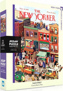 Main Street Jigsaw Puzzle featuring a vibrant illustration by Beatrice Tobias, depicting a lively street scene from 1939 with shops, vendors, and pedestrians. This 1000-piece puzzle from New York Puzzle Company captures the charm and activity of a bustling neighborhood, perfect for puzzle enthusiasts.