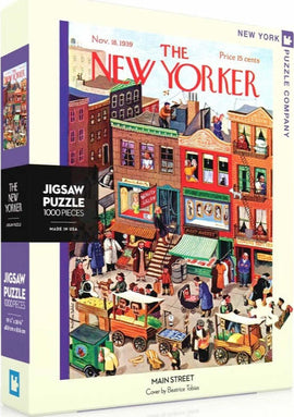Main Street Jigsaw Puzzle featuring a vibrant illustration by Beatrice Tobias, depicting a lively street scene from 1939 with shops, vendors, and pedestrians. This 1000-piece puzzle from New York Puzzle Company captures the charm and activity of a bustling neighborhood, perfect for puzzle enthusiasts.