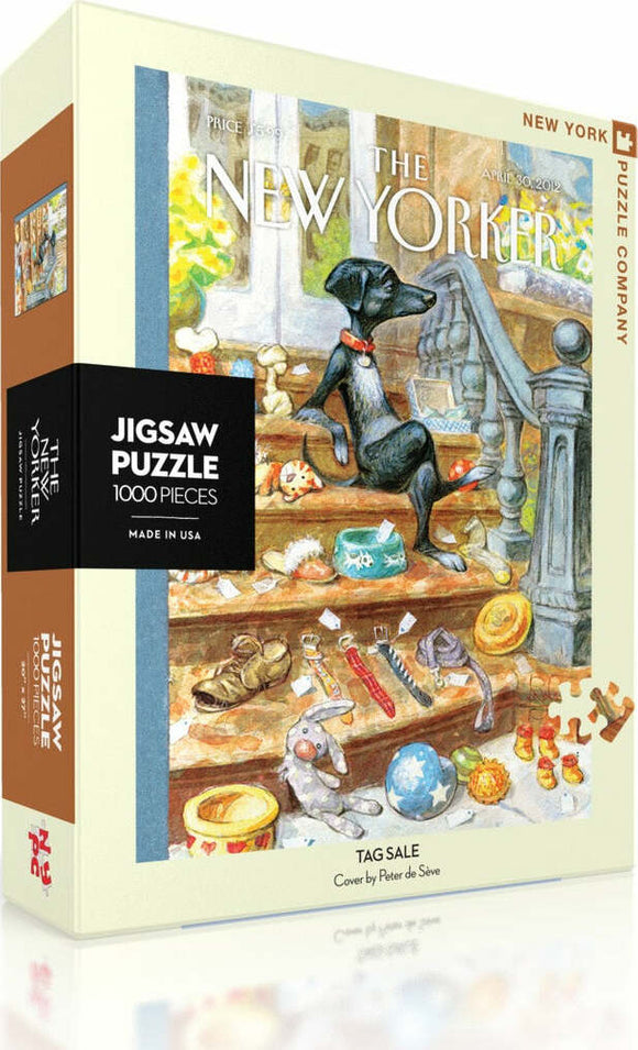 The Tag Sale Puzzle by New York Puzzle Company features a whimsical illustration of a dog and various items on a staircase, inviting puzzlers to recreate this charming scene with 1000 pieces. The box showcases a playful design with vibrant colors, perfect for any jigsaw puzzle enthusiast.