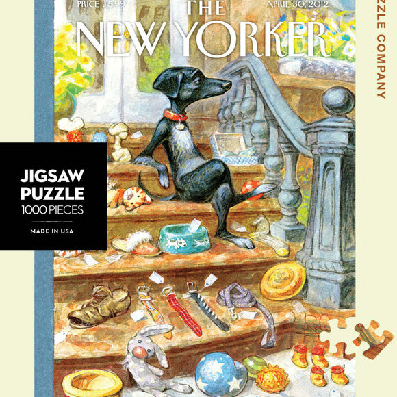 This 1000-piece jigsaw puzzle features a whimsical illustration of a black dog sitting on steps surrounded by various lost items such as shoes, toys, and bowls. Created by New York Puzzle Company, it captures the charm of everyday life with vibrant colors and playful details, perfect for puzzle enthusiasts.