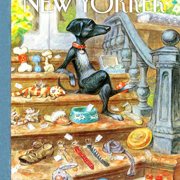A 1000-piece jigsaw puzzle featuring a whimsical illustration of a black dog sitting on a staircase surrounded by various items for sale, such as toys, collars, and bowls. The artwork captures a charming scene reminiscent of a tag sale, inviting the viewer to explore the delightful details.