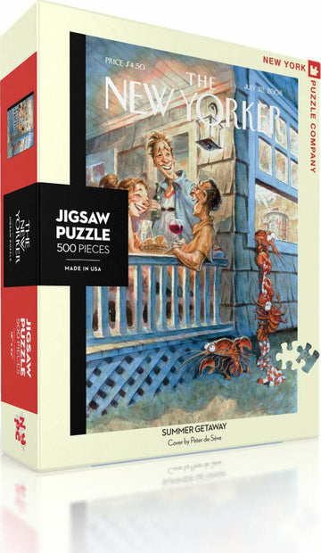 The Summer Getaway Puzzle box featuring a whimsical illustration on the cover by artist Peter de Sève. The artwork depicts a joyful summer scene with people enjoying drinks on a porch, accompanied by playful lobsters, perfect for a fun puzzle experience.