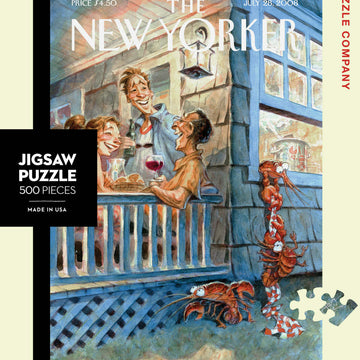 A vibrant and playful jigsaw puzzle featuring a New Yorker cover illustration. It depicts three friends enjoying a summer gathering on a porch, smiling and toasting with drinks, while playful lobsters crawl nearby. The puzzle consists of 500 pieces and showcases warm, inviting colors that evoke a cheerful summer atmosphere.