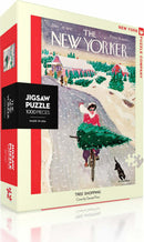 Tree Shopping Puzzle featuring a whimsical illustration by Garrett Price, depicting a person biking with a Christmas tree in tow, set against a snowy landscape. The puzzle box displays vibrant colors and nostalgic imagery reminiscent of classic New Yorker covers. It contains 1000 pieces, ideal for puzzle enthusiasts seeking a charming holiday-themed challenge.