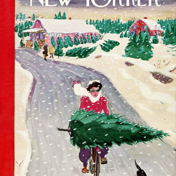 A cheerful winter scene featuring a woman in sunglasses and a red sweater riding a bicycle with a Christmas tree attached to the front, surrounded by snow-covered landscapes and cozy cottages. The image captures the spirit of holiday shopping and outdoor fun in a picturesque setting, evoking a sense of winter joy.