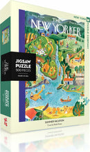 A beautifully illustrated jigsaw puzzle titled 'Summer Vacation' by New York Puzzle Company, featuring a vibrant scene with people enjoying various summer activities by a river. The box displays images of colorful houses, boats, and individuals relaxing on the shore, emphasizing a lively summer atmosphere. The puzzle consists of 500 pieces and showcases the art of Ilonka Karasz, inspired by a New Yorker magazine cover from August 18, 1934.