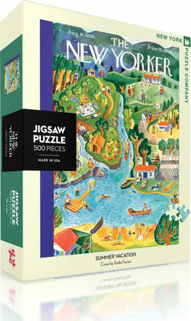 A beautifully illustrated jigsaw puzzle titled 'Summer Vacation' by New York Puzzle Company, featuring a vibrant scene with people enjoying various summer activities by a river. The box displays images of colorful houses, boats, and individuals relaxing on the shore, emphasizing a lively summer atmosphere. The puzzle consists of 500 pieces and showcases the art of Ilonka Karasz, inspired by a New Yorker magazine cover from August 18, 1934.