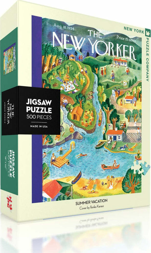 A beautifully illustrated jigsaw puzzle titled 'Summer Vacation' by New York Puzzle Company, featuring a vibrant scene with people enjoying various summer activities by a river. The box displays images of colorful houses, boats, and individuals relaxing on the shore, emphasizing a lively summer atmosphere. The puzzle consists of 500 pieces and showcases the art of Ilonka Karasz, inspired by a New Yorker magazine cover from August 18, 1934.