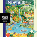 A colorful jigsaw puzzle featuring a vibrant summer vacation scene with people enjoying various activities outdoors by a river and beach. The intricate artwork captures leisure moments such as picnicking, boating, swimming, and horseback riding, designed by New York Puzzle Company. This 500-piece puzzle is perfect for family fun and relaxation.