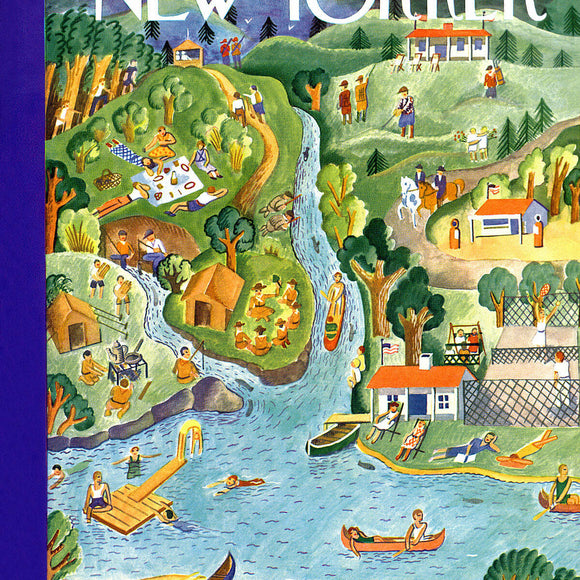 A colorful illustration depicting a summer vacation scene with people enjoying various outdoor activities such as picnicking, swimming, and boating. The lively graphics capture the essence of a joyful summer getaway, featuring trees, rivers, and cozy cabins, perfect for a 500-piece jigsaw puzzle.