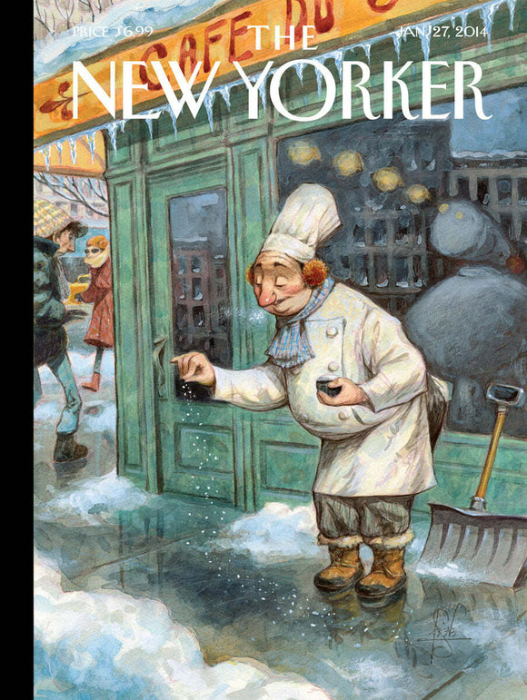 A vibrant jigsaw puzzle image featuring a whimsical scene inspired by New York City. The illustration showcases a cheerful chef in a white coat and hat, standing in front of a café during a snowy day. He is smiling as he sprinkles something from a small container while a couple nearby observes. The background features a bustling street, shop signs, and snow-covered surroundings, adding a cozy atmosphere to the puzzle's design.