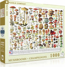 A 1000-piece jigsaw puzzle featuring an extensive and colorful variety of mushrooms, depicted in detailed illustrations. The box design highlights multiple species of fungi, showcasing their unique shapes, colors, and textures. An educational and engaging puzzle suitable for adults and children interested in nature and mycology.