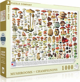 A 1000-piece jigsaw puzzle featuring an extensive and colorful variety of mushrooms, depicted in detailed illustrations. The box design highlights multiple species of fungi, showcasing their unique shapes, colors, and textures. An educational and engaging puzzle suitable for adults and children interested in nature and mycology.