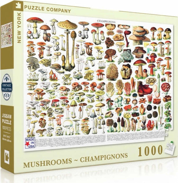 A 1000-piece jigsaw puzzle featuring an extensive and colorful variety of mushrooms, depicted in detailed illustrations. The box design highlights multiple species of fungi, showcasing their unique shapes, colors, and textures. An educational and engaging puzzle suitable for adults and children interested in nature and mycology.