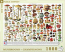 A 1000-piece jigsaw puzzle featuring various illustrations of mushrooms, showcasing diverse shapes, colors, and sizes. The design includes detailed depictions of fungi, arranged in an organized layout with names and numbers. The puzzle is created by the New York Puzzle Company and emphasizes educational and natural themes.
