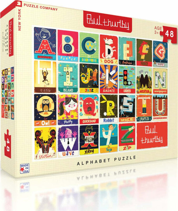 A colorful jigsaw puzzle titled 'Alphabet' by New York Puzzle Company, featuring 48 pieces with vibrant illustrations representing each letter of the alphabet. The box displays a grid of artistic letters and related images, making it an engaging educational activity for children aged 3 and up.
