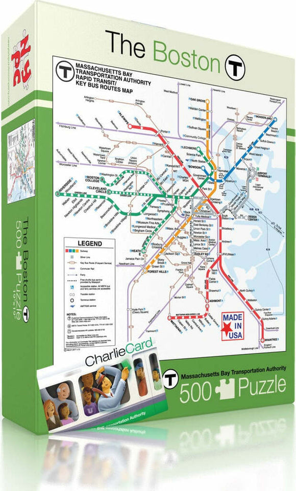 A 500-piece jigsaw puzzle featuring the Boston T subway map. The puzzle box showcases vibrant subway lines in various colors along with key bus routes, illustrations of characters, and the text 'Made in USA'.