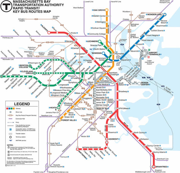 Boston T Map Puzzle featuring a detailed illustration of the Massachusetts Bay Transportation Authority (MBTA) subway and bus routes. This colorful 500-piece jigsaw puzzle displays various transit lines, stops, and key locations in Boston, providing a fun and engaging challenge for puzzle enthusiasts and Boston lovers alike.