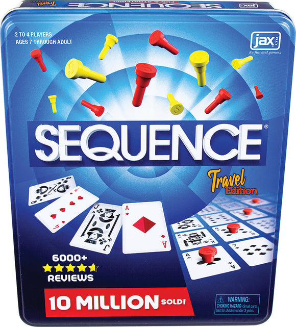 Sequence Travel Tin game packaging featuring the title 'Sequence' prominently displayed. The tin is decorated with colorful game pieces and playing cards, indicating a strategic card game for 2 to 4 players, ages 7 and up. The travel edition ensures convenience for gameplay on the go, and highlighted features include 10 million sold and 6000+ reviews.
