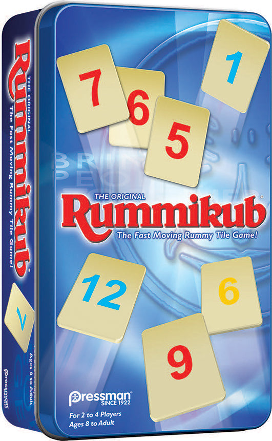 Rummikub: Travel Tin game box featuring colorful numbered tiles. The box displays the title 'Rummikub' prominently on the cover, with a vibrant design suitable for family fun. Ideal for 2 to 4 players aged 8 and up.