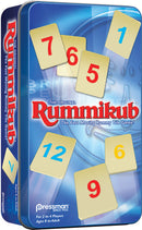 Rummikub: Travel Tin game box featuring colorful numbered tiles. The box displays the title 'Rummikub' prominently on the cover, with a vibrant design suitable for family fun. Ideal for 2 to 4 players aged 8 and up.