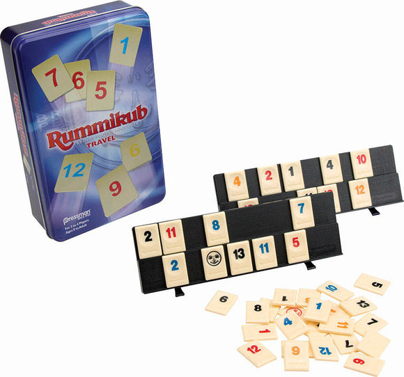 Rummikub Travel Tin game set, featuring a colorful tin with the Rummikub logo and number tiles spread out on a table. Includes two tile racks and numbered tiles in various colors. Perfect for travel and family fun.