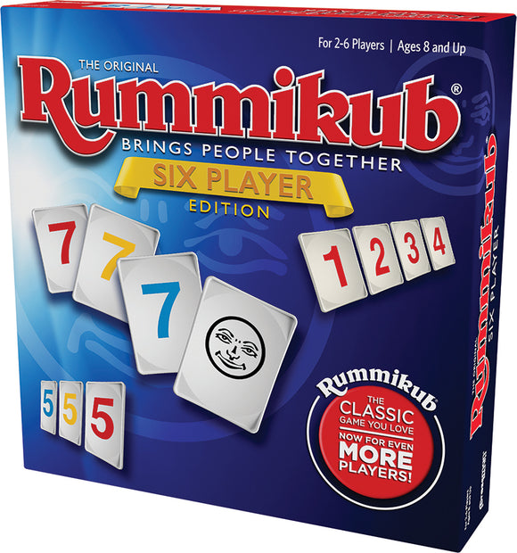 Rummikub: 6 Player Edition game box featuring colorful tiles with numbers and a smiley face. The box highlights it is for 2-6 players ages 8 and up, emphasizing fun for group play.