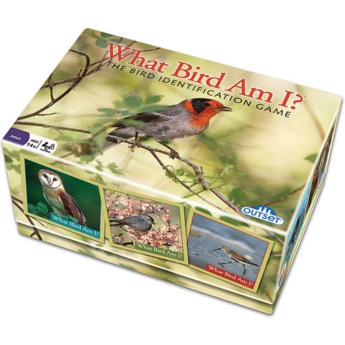 What Bird Am I? game box by Outset Media, featuring vibrant imagery of various birds and colorful illustrations. The box showcases a bird identification theme and interactive gameplay for bird enthusiasts and families.