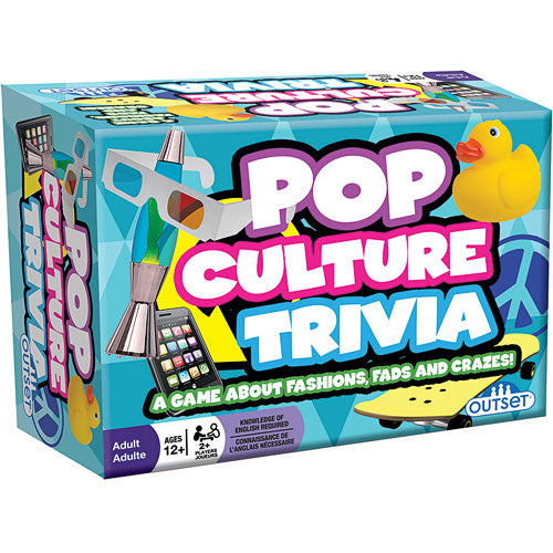 Pop Culture Trivia game by Cobble Hill, featuring a vibrant box design with various nostalgic icons like a rubber duck, peace sign, and retro gadgets. Designed for ages 12 and up, this trivia game challenges players on fashions, fads, and pop culture crazes.