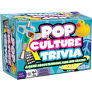 Pop Culture Trivia game by Cobble Hill, featuring a vibrant box design with various nostalgic icons like a rubber duck, peace sign, and retro gadgets. Designed for ages 12 and up, this trivia game challenges players on fashions, fads, and pop culture crazes.