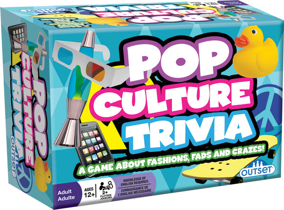 Pop Culture Trivia game box by Cobble Hill. The colorful packaging features the title prominently in bold letters with playful graphics, including a rubber duck, a smartphone, and an image of a lava lamp. It is designed for ages 12 and up, ideal for 2 or more players, promising fun and engaging trivia about popular fashions, fads, and crazes.