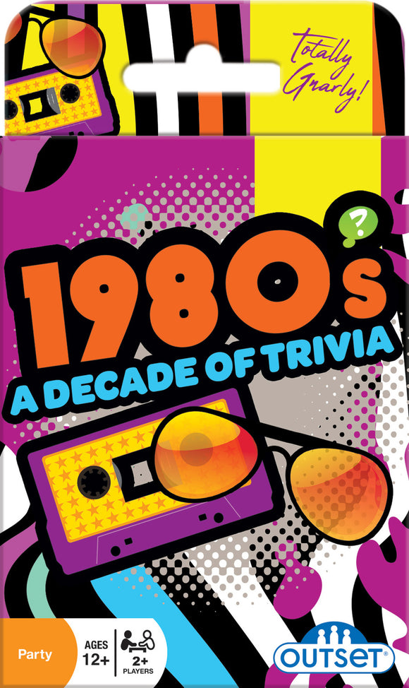 Packaging for '1980's Decade of Trivia' game by Outset Media. The colorful design features a cassette tape, sunglasses, and vibrant patterns. Ideal for parties and trivia lovers, suitable for ages 12 and up.
