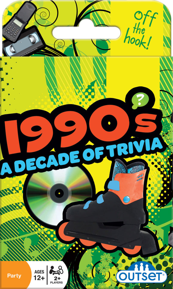 1990's Decade of Trivia game by Outset Media, featuring vibrant packaging with a roller skate, CD, and iconic 90s items like a cell phone and VHS tape. Suitable for parties, ages 12 and up, for 2 or more players.