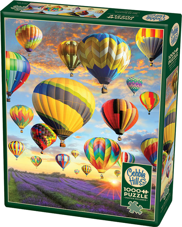 A vibrant jigsaw puzzle box featuring a scenic view of colorful hot air balloons floating in a blue sky during sunset. The puzzle contains 1000 pieces and includes a poster of the image.