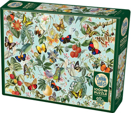 Fruit and Flutterbies jigsaw puzzle by Cobble Hill featuring a vibrant collage of butterflies and fruit surrounded by lush foliage. The puzzle consists of 1000 pieces and includes a poster for reference.