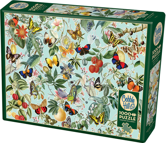 Fruit and Flutterbies jigsaw puzzle by Cobble Hill featuring a vibrant collage of butterflies and fruit surrounded by lush foliage. The puzzle consists of 1000 pieces and includes a poster for reference.