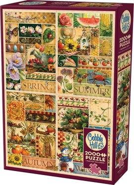 The Four Seasons jigsaw puzzle by Cobble Hill featuring a vibrant collage of seasonal images: blooming flowers in spring, fresh summer produce, autumn leaves, and winter scenes with a snowman. The box includes a poster and contains over 2000 pieces.
