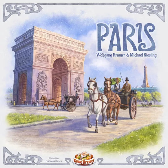 Game box of 'Paris' by Game Brewer LLC featuring an illustrated scene with majestic architecture, including the Arc de Triomphe and a horse-drawn carriage, evoking a charming atmosphere of historic Paris.