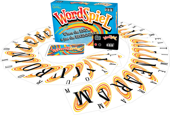 WordSpiel is a fun and engaging word game by Set Games. The brightly colored box features a swirling design. Surrounding it are various cards displaying letters and words, creating an inviting atmosphere for players. A timer is included to add excitement and urgency to the gameplay.
