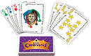 The Five Crowns card game by Set Games featuring colorful playing cards. The deck includes various cards such as a Joker with a jester image and multiple numbered cards showcasing stars, each designed with vibrant colors. The game box sits prominently at the bottom, displaying the title 'Five Crowns' in a playful font.