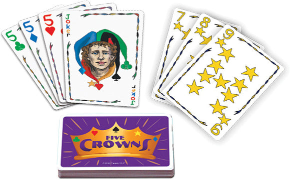 The Five Crowns card game by Set Games featuring colorful playing cards. The deck includes various cards such as a Joker with a jester image and multiple numbered cards showcasing stars, each designed with vibrant colors. The game box sits prominently at the bottom, displaying the title 'Five Crowns' in a playful font.