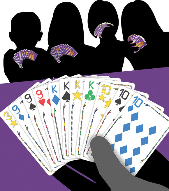 An engaging scene from the card game Five Crowns by Set Games. Featuring a close-up of various playing cards laid out on a purple table, with silhouettes of players in the background holding their own cards. The cards display colorful suits and numbers, emphasizing a fun and competitive atmosphere.